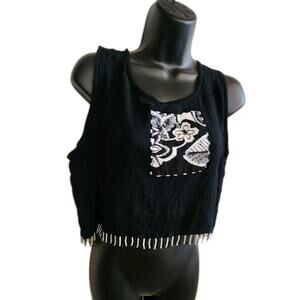 Paradiso Y2k Women's XL black crinkle sleeveless crop top Beaded Boho Western